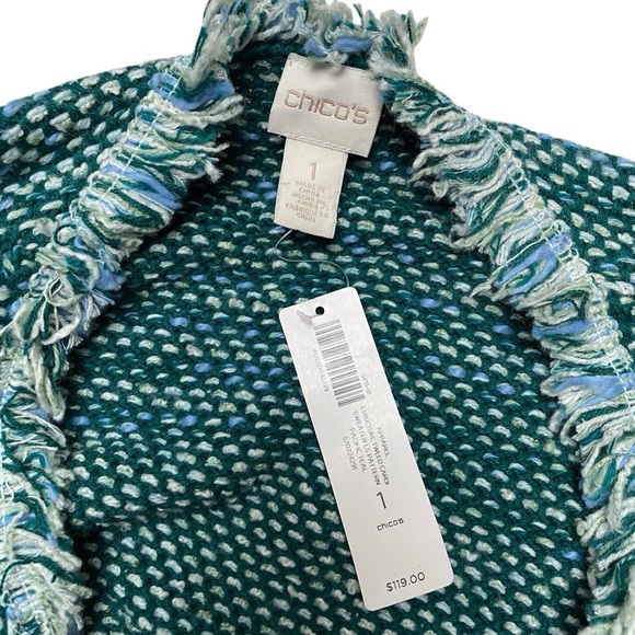Chico’s Pacific Teal Structured Tweed Fringe Cardigan Jacket NWT Size 1 - Picture 12 of 16
